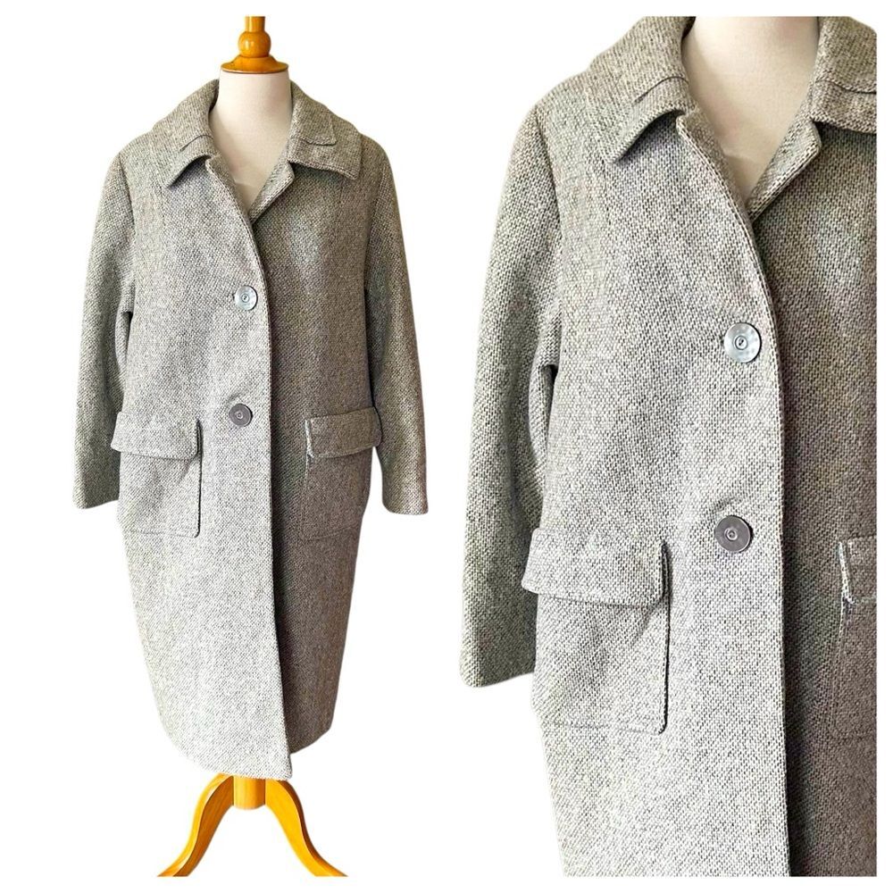 Vintage Dry Manhattan Trencher Tailored Blue Cream Wool Overcoat - Size Large
